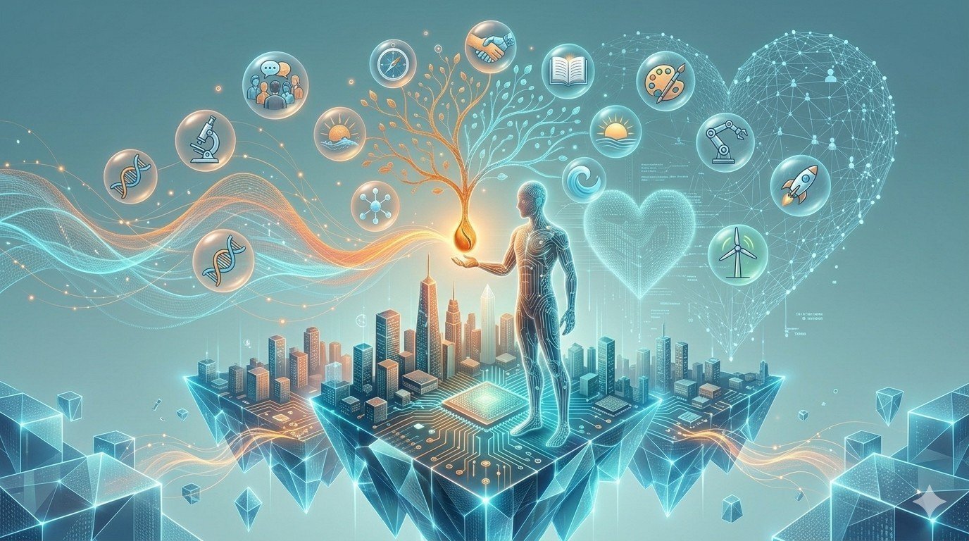 Ilustración futurista de una figura umana conectada a un árbol de tecnología que une íconos educativos, médicos y científicos, con un corazón digital y una ciudad holográfica al fondo.