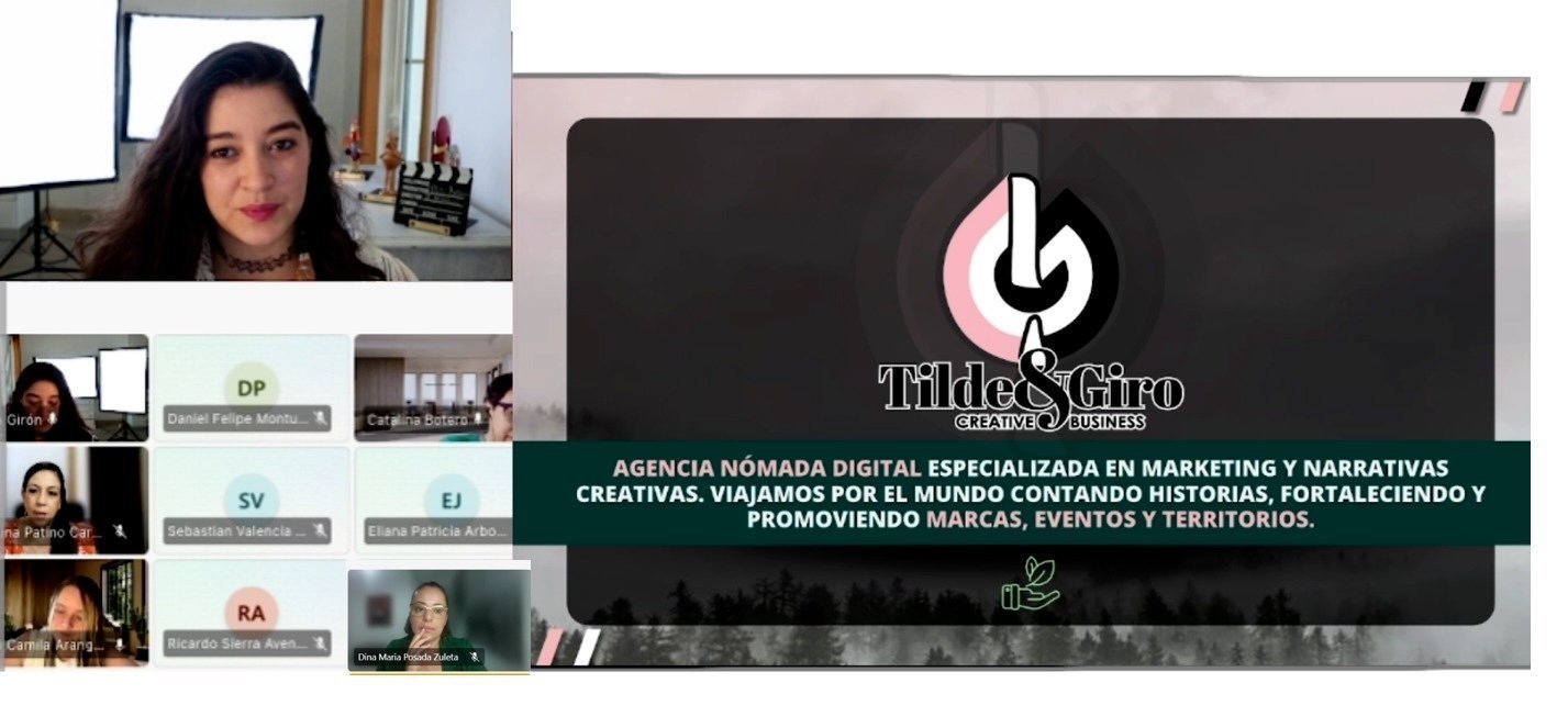 Laura Girón Cardona socializa la propuesta empresarial de Tilde & Giro durante una sesión virtual de seguimiento de prácticas profesionales. El proyecto fue acompañado por la docente Dina María Posada como parte del proceso de fortalecimiento organizacion