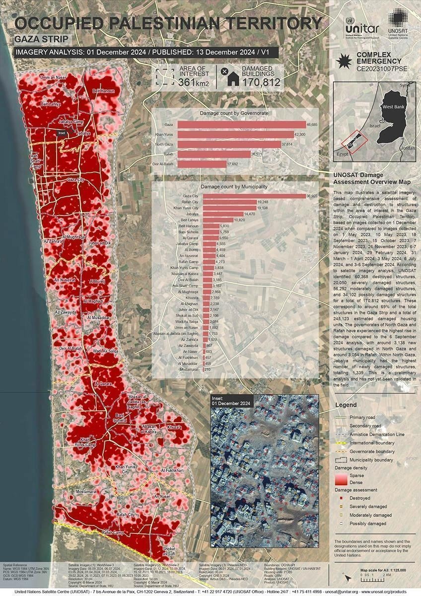 Análisis realizado por la ONU a partir de imágenes satelitales para determinar la escala de la destrucción