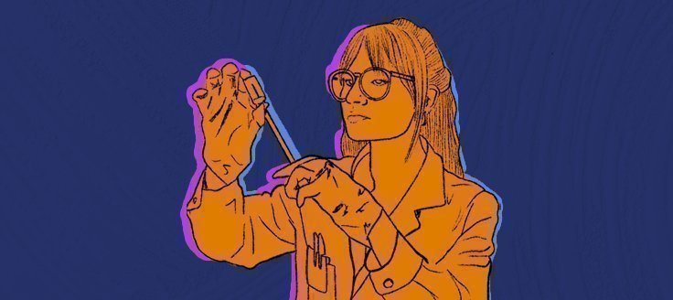 Ilustración en color naranja de una mujer utilizando instrumentos científicos, fondo azul